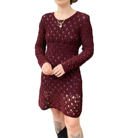 NWT Theyskens' Theory Womens Deep Red Crochet Long Sleeve Boho Mini Dress Sz S - Picture 1 of 12